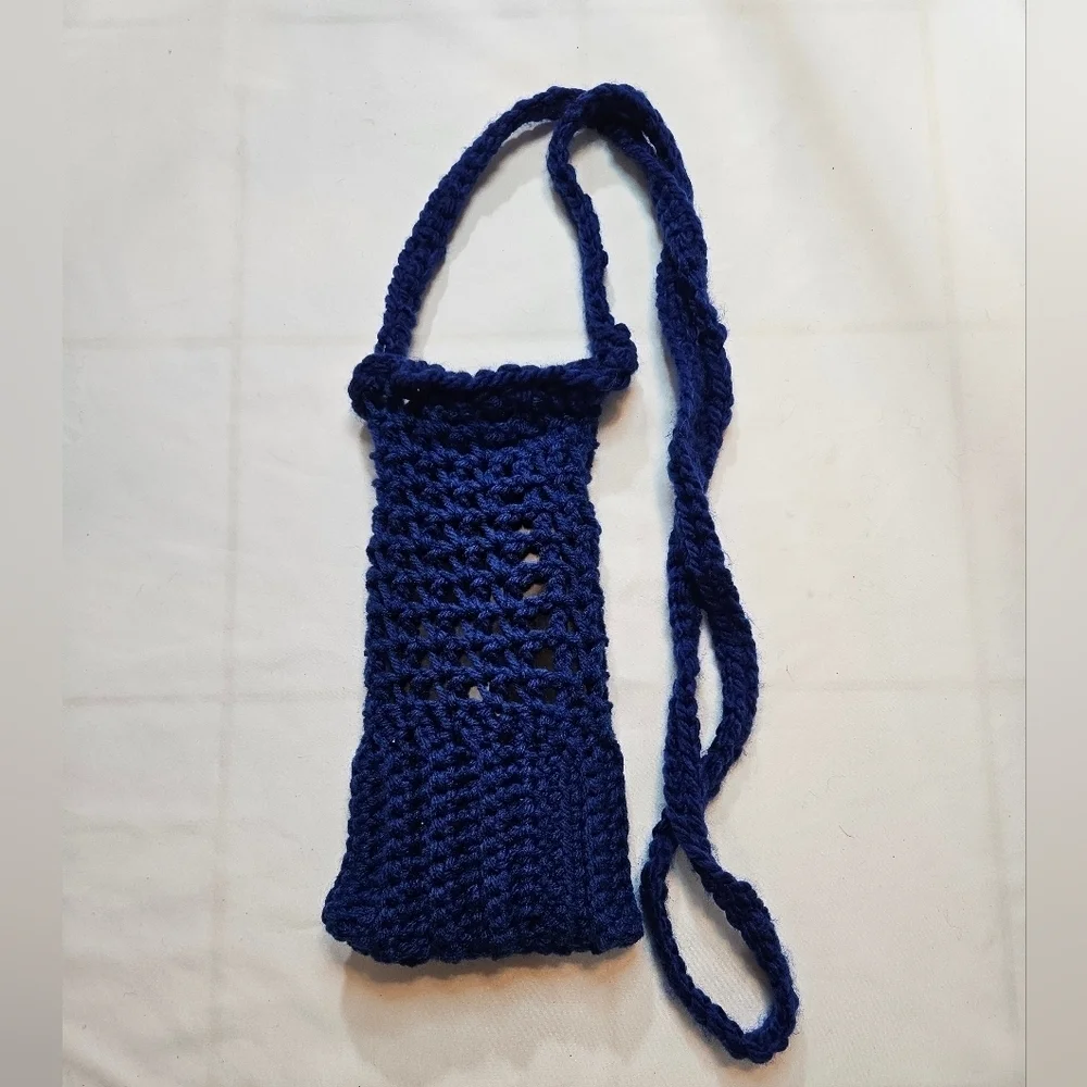Hand Crafted hand knit crochet cellphone crossbody bag boho style electric blue